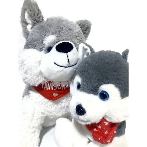 Husky Dog Plush Stuffed Animal Lot of Two Gray and White 16 and 12 Inches Tall - Picture 3 of 10